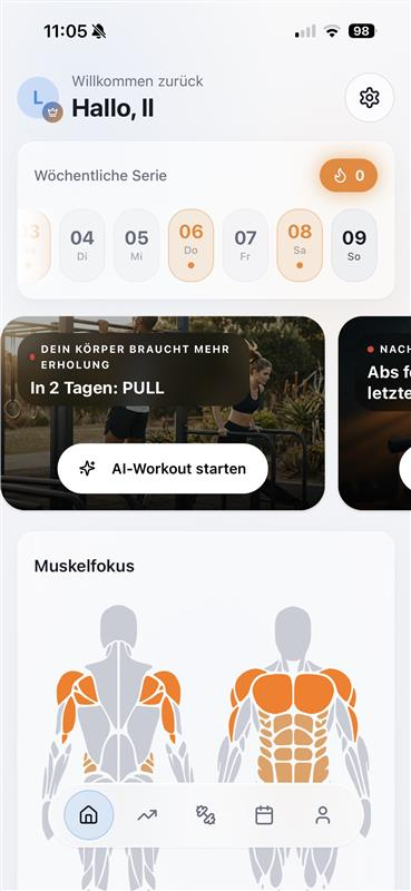 SmartGainer home screen showing the weekly streak, today's training suggestion and muscle focus overview
